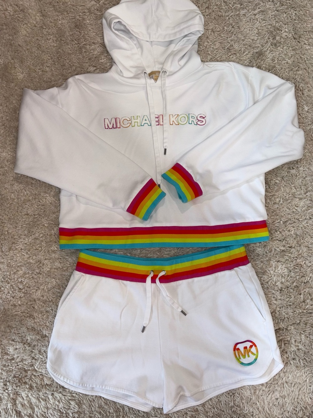 Michael Kors women  White Hoodie & Shorts Set with Rainbow Trim